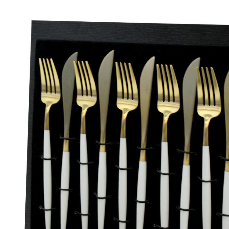 クチポール（Cutipol） GOA/ゴア ホワイトマットゴールド ディナー24点セット （ディナーナイフ・ディナーフォーク・ディナースプーン・コーヒー/ティースプーン） 収納木箱入り(ギフトボックス)