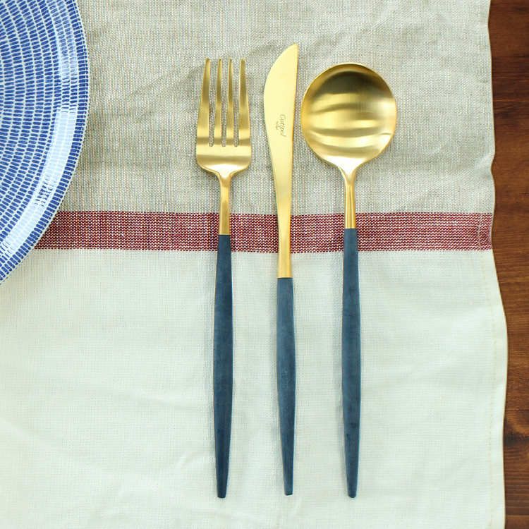 クチポール（Cutipol） GOA/ゴア ブルーマットゴールド ディナー3点セット（ディナーナイフ・ディナーフォーク・ディナースプーン） [ネコポス対応可(6セットまで)]