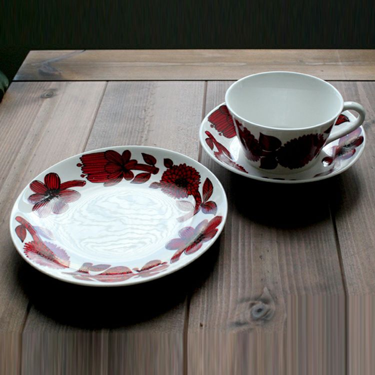 グスタフスベリ（Gustavsberg） レッドアスター/Red Aster ティーカップ＆ソーサー + プレート 18cm 【復刻版】