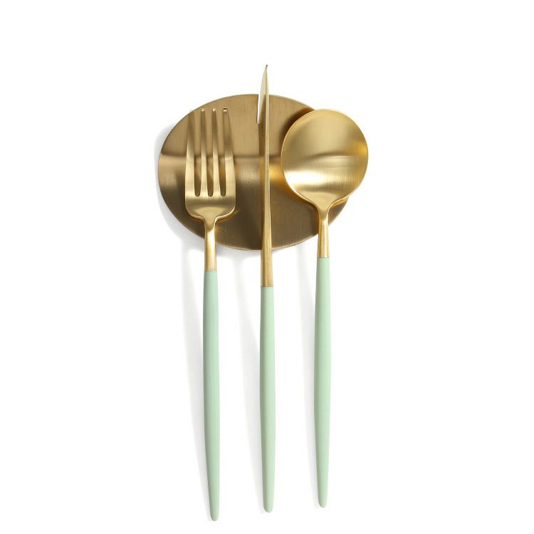 ＜4点セット＞クチポール（Cutipol） ゴア/GOA セラドンマットゴールド デザート3点＆カトラリーレストゴールド1点 [ネコポス対応可(4セットまで)]