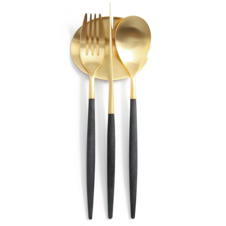 ＜4点セット＞クチポール（Cutipol） ミオ/MIO ブラックマットゴールド ディナー3点＆カトラリーレストゴールド1点 [ネコポス対応可(4セットまで)]