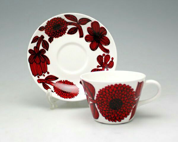 グスタフスベリ（Gustavsberg） レッドアスター/Red Aster コーヒーカップ＆ソーサー + プレート 22cm 【復刻版】