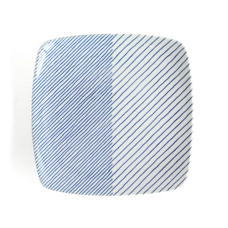 白山陶器 重ね縞 反角多様皿 21cm ホワイト/ブルー