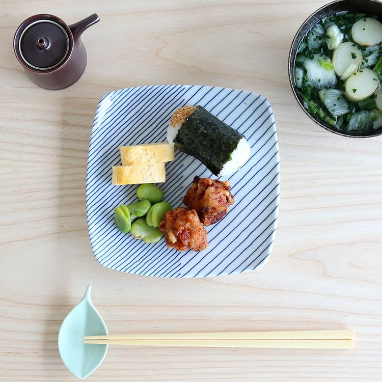 白山陶器 重ね縞 反角中皿 16.5cm ホワイト/ブルー