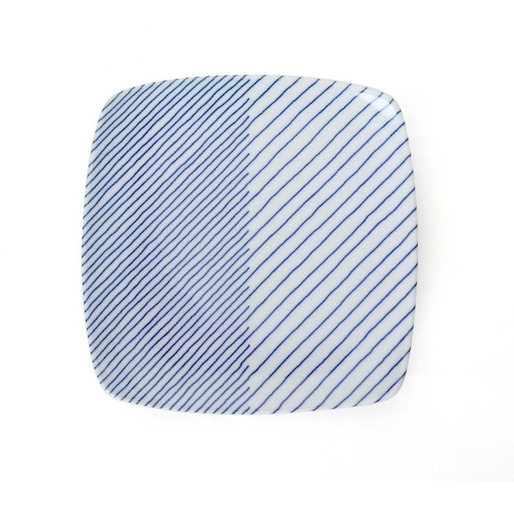 白山陶器 重ね縞 反角中皿 16.5cm ホワイト/ブルー