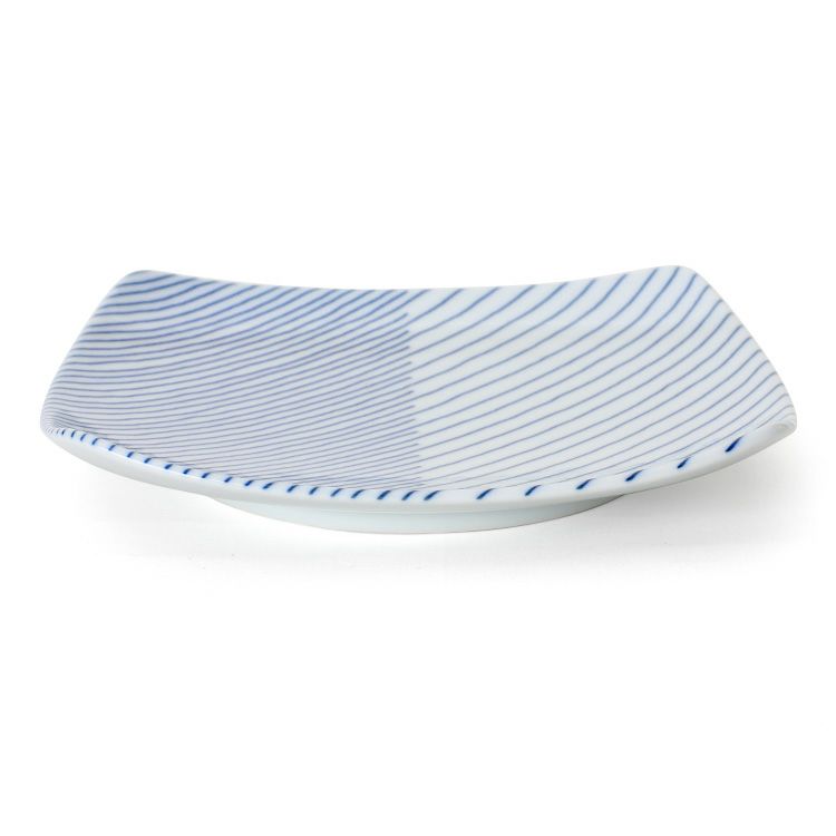 白山陶器 重ね縞 反角中皿 16.5cm ホワイト/ブルー