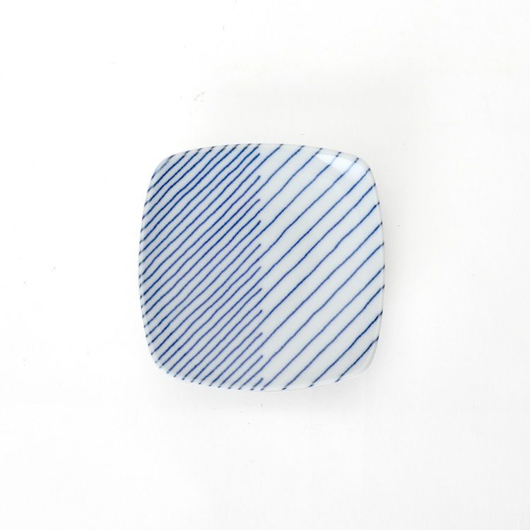 白山陶器 重ね縞 反角小皿 10cm ホワイト/ブルー