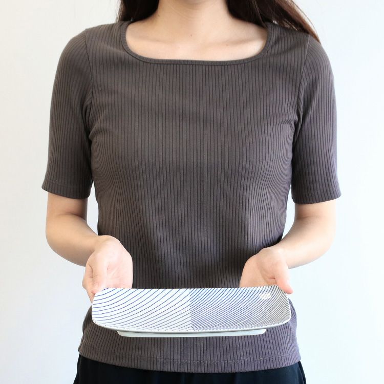 白山陶器 重ね縞 長焼皿 25.5cm ホワイト/ブルー